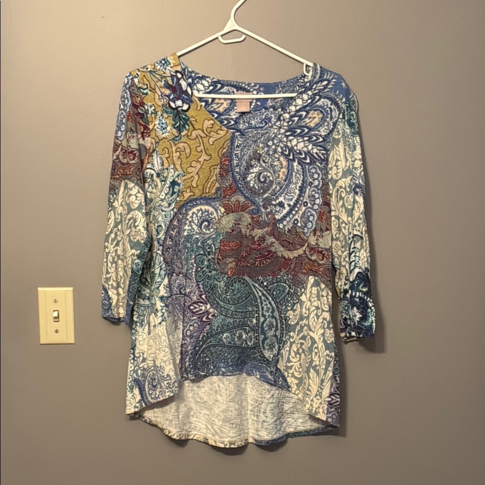 Chico's Blue Gold Graphic 3/4 Sleeve Tunic